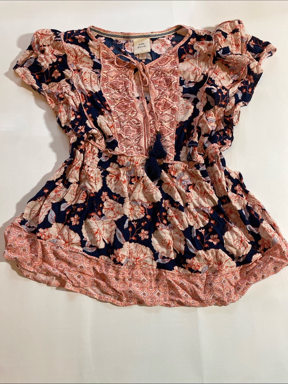 Rose & Olive Navy and Cream Floral Tie-Front Skater Blouse